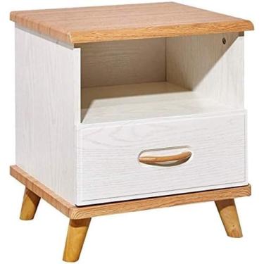 Imagem de Mesa de cabeceira simples para quarto, escritório, madeira/mesa de cabeceira quadrada branca com gaveta/2 prateleiras de armazenamento/pernas de madeira maciça
