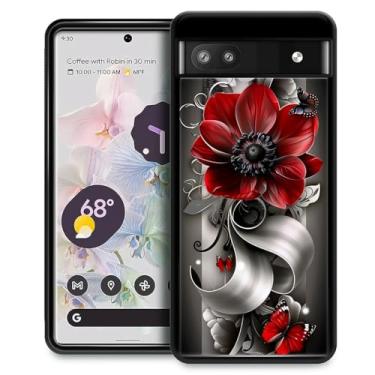 Imagem de CARLOCA Compatível com Google Pixel 7A, anêmona vermelha, flor, cinza, prata, preto, curvas, borboleta, design moderno para meninas, à prova de choque, antiarranhões, capa traseira de policarbonato