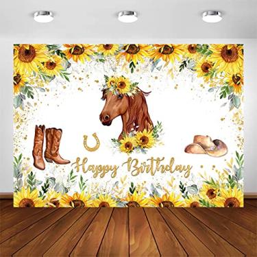 Imagem de Avezano Pano de fundo de aniversário de vaqueira, girassol, vegetação, floral, cavalo, fotografia, fundo, sela, cavalo, decorações de aniversário ocidentais para meninas (2,1 x 1,5 m)