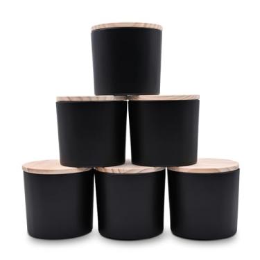 Imagem de SHOWIN Frascos de vela de 350 ml de espessura para fazer velas, 6 peças, frascos vazios com tampas de madeira para potes de especiarias, recipiente de amostra, preto fosco