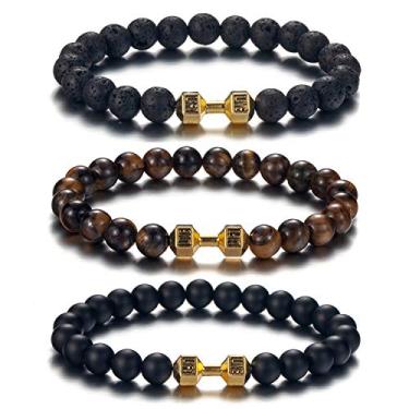 Imagem de SOFTONES Pulseiras de haltere com pingente preto para homens e mulheres com pedra natural com miçangas e halteres conjunto de pulseiras presentes, Pedra Níquel, Pedra vulcânica