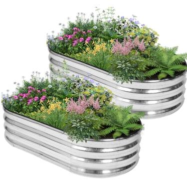 Imagem de BIRDSINYARD Canteiro elevado galvanizado para jardim - 2 pacotes com 2 canteiros elevados para jardinagem | Caixa oval de metal para jardim com bordas de segurança e luvas para vegetais, frutas e