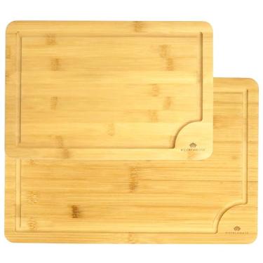 Imagem de Pacote com 2 tábuas de corte de bambu grande 38 x 25 x 0,5 cm e média 30 x 20 x 0,5 cm para cozinha com ranhura de suco e tábua de cortar cozinha para tábua de carne e queijo, bandeja de servir