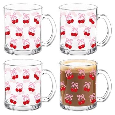 Imagem de Whaline 4 peças canecas de café de vidro cereja com laço rosa com alça coquete laço estética canecas de café canecas de bebidas para bebidas quentes e frias, água, chá, leite