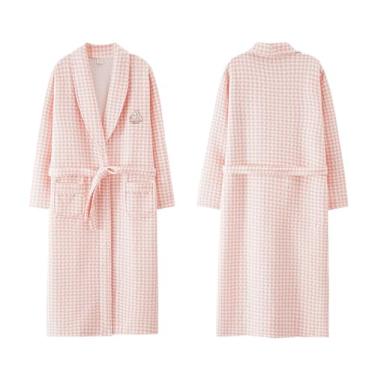 Imagem de LVTFCO Roupão de banho clássico de algodão xadrez feminino super absorvente roupão de spa sanduíche ar algodão quente camisas, rosa - M