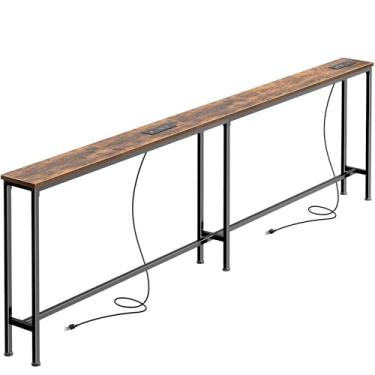 Imagem de SUPERJARE Mesa de sofá de 199 cm com 2 tomadas elétricas e portas USB-C, mesa de console estreita de 14 cm com armazenamento, mesa de sofá de entrada longa atrás do sofá, espaços pequenos, sala de