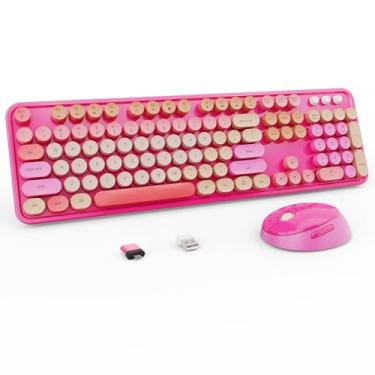 Imagem de Nowlike Combo de teclado e mouse sem fio, teclado de máquina de escrever retrô com teclas redondas, ergonômico de tamanho completo, vermelho, ideal para Windows PC, casa, escritório e faculdade, combo
