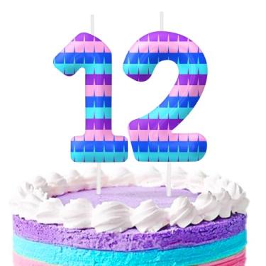 Imagem de Velas azuis e roxas para aniversário de 12 anos, decoração de bolo de aniversário para festas temáticas de jogos, velas de aniversário de jogos para meninos e meninas