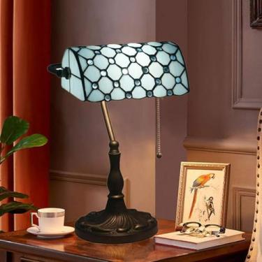 Imagem de Lâmpada De Mesa De Vidro Manchado Estilo Tiffany Banker 10 Polegadas Abajur De Cristal Vintage Lâmpada De Mesa Para Leitura Presente Feito à Mão De Trabalho, Presente Surpresa Azul, Blue
