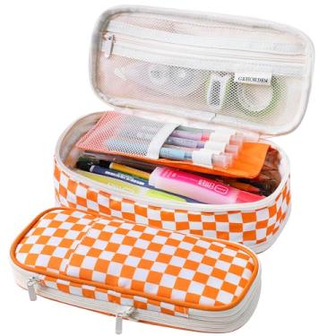 Imagem de GEHORDEN Estojo Grande Com Zíper E Bolsa Xadrez Para Canetas Adolescentes, Meninas Meninos (Laranja)