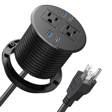 Imagem de URANT Filtro De Linha Embutido Urant, Estação Carregamento Rápido Para Mesa, 2 Tomadas, 4 Portas Usb Tomada Montagem Simples, Furo 3 Polegadas, Cabo 6,5 Pés Computador, Cozinha, Escritório (Preto)
