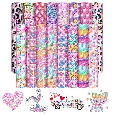 Imagem de HTVSTD Vinil Htv Com Padrão Pastel 3D Inflável - 16 Folhas De 30 Cm X 25 Cm, Transferência Térmica Arco-Íris, Corações/Estrelas/Sereia/Gatos, Para Camisetas