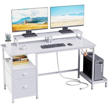Imagem de Furologee Mesa de computador de 119 cm com armário de arquivos e tomadas, mesa de escritório em casa com 2 suportes para monitor e gaveta de armazenamento, mesa de jogos com prateleiras e 2 ganchos