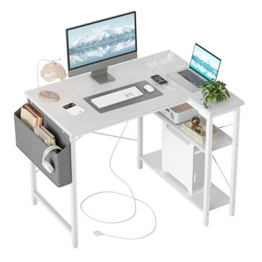 Imagem de TIQLAB Mesa de Computador em Forma de L, 101,2 cm, Estilo Moderno, Branco, com Tomadas Elétricas, Prateleiras Reversíveis, para Estudo e Escrita