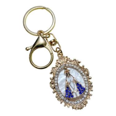 Imagem de Chaveiro mosquetão aparecida manta azul strass oval dourado - ASA