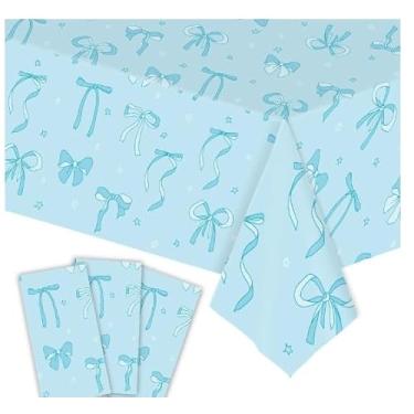 Imagem de CHANGZHONG Toalha de mesa com laço azul, decoração de aniversário, 3 peças, 137 x 272 cm, toalha de mesa grande, de plástico, adequada para crianças, aniversário, chá de bebê e outras decorações de