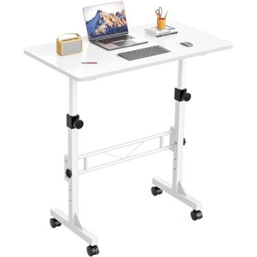 Imagem de HOMIDEC Mesa de pé, mesa pequena portátil de 81 cm, altura ajustável, mesas de escritório em casa com rodas, mesa de apoio para quarto, tapete de caminhada, escritório em casa, espaço pequeno, branco