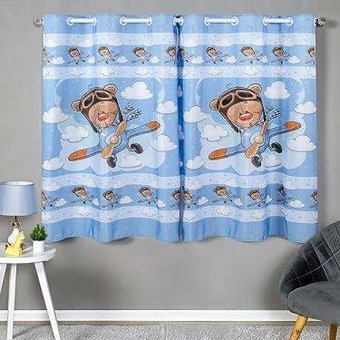 Imagem de Cortina Para Quarto Infantil Menino 2,00 x 1,50m Safari Raposa Azul Verde Baby Nenem Animais Leão Selva Janela Padrão (Aviador Azul Claro)