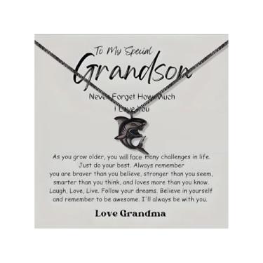 Imagem de 72ore Colar para neto, presente da avó, tubarão, corrente preta de aço inoxidável com pingente de tubarão, joia moderna, presente para aniversário, presentes inspiradores significativos para meu neto