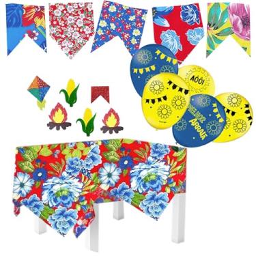 Imagem de Festa Junina Kit: 3 Toalhas Mesa Chita Floral 70x70 + Bandeirinhas Tecido 5 Metros + 6 Apliques + 5 Balões Temáticos