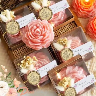 Imagem de Poranlem Velas de peônia lembrancinhas de festa com caixa de presente conjunto de 10 flores secas de cera de soja natural em forma floral e selo dourado, etiquetas de agradecimento, pacote de