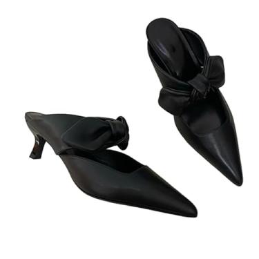 Imagem de Archicolor Pantufas minimalistas de couro genuíno com laço mule, moda francesa, escritório, bico fino, elegante, sandálias femininas de salto, Preto, 36