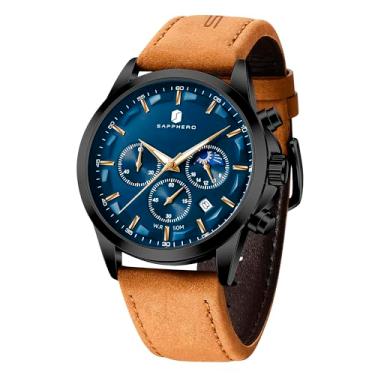 Imagem de BY BENYAR Relógio masculino cronógrafo 50 m à prova d'água para homens, negócios, trabalho, esportes, casual, moda, vestido de couro marrom, relógio de pulso, presentes exclusivos e elegantes para