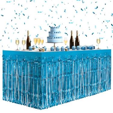 Imagem de Pacote com 4 saias de mesa azul lago, saias de mesa metálicas de 73 x 274 cm de folha metálica com franjas para mesas retangulares, cortinas de flâmula, pano de fundo, decorações de festa para