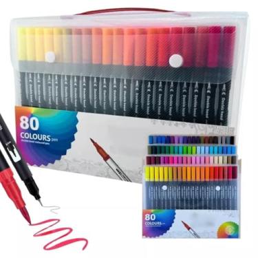 Imagem de Conjunto 80 cores Canetinhas Brush de Ponta Dupla para Livros de Colorir, Conjunto de Canetas Marcador Ponta Fina e Pincel Para Desenho, Presente Infantil, Presente Dia Das Crianças (80 cores)
