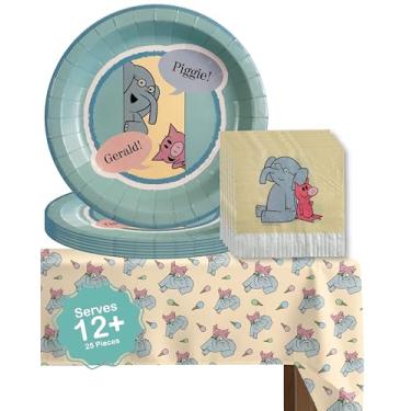 Imagem de Elephant and Piggie Party Supplies for Birthday Party Decor with 12 Plates 12 Napkins and 1 Tablecloth for 9 Foot Table with Mo Willems Gerald and Piggie Book Characters (Tableware)