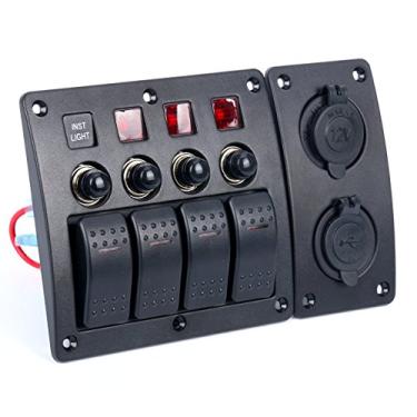 Imagem de Amarine-made 4 Gang Red LED Indicators Rocker & Circuit Breaker Waterproof Marine Boat Rv Switch Panel Combined with Dual USB / 12v Power Adapter Panel - PN-CB4-R-CB1/S1S2