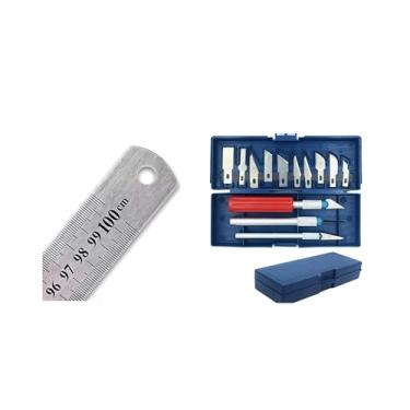 Imagem de Régua Aço Inox 100cm Lanmax + Kit Estilete de Precisão 3 Cabos 13 Lâminas LM-KEP-13 Patchwork Artesanato Scrapbook Para Desenho Escola Artesanato