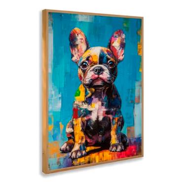 Imagem de Quadro Decorativo Bulldog Francês Grafitte Colorido Fundo Azul Arte Moderna Pet Divertido Estilo Pop Alegre Parede Com Moldura