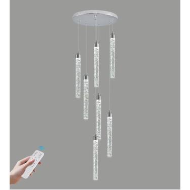 Imagem de YwueChwu Lustre De Cristal Com 7 Luzes Para Teto Alto, Luminária Pendente Cromada, Espiral Moderna, Gota Chuva, Regulável, Conjunto Bolhas Led, Suspensa Hall Entrada, Sala Estar, Controle Remoto