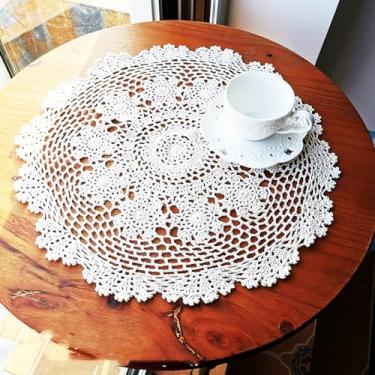 Imagem de golo Toalha de mesa de renda de crochê feita à mão de algodão branca, sobreposição, redonda, 40 cm