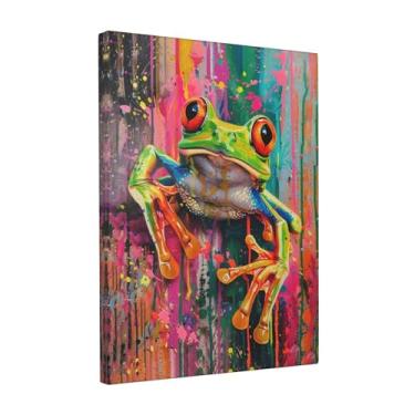 Imagem de Banksy Frog Canvas Wall Art Colorido Sapos Emoldurados Impressões Abstratas para Homem, Mulheres, Meninos Meninas Adolescentes, Graffiti Sapo, Pintura Pop Art, Decoração de Parede para Casa de Banho