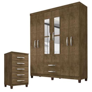 Imagem de Guarda Roupa Casal Modena Com Espelho 6 Portas E Cômoda Cannes 5 Gavetas Malbec – Incorplac