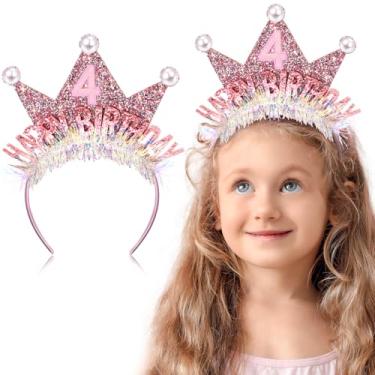Imagem de Zeyune Tiara de coroa de 4º aniversário para meninas, faixa de cabelo de princesa com glitter, decorações de feliz aniversário e acessórios de cabelo para festa de 6 anos