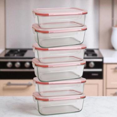 Imagem de Kit 6 Potes De Vidro Hermético 1040ml Marmita Retangular Tampa Com Tra