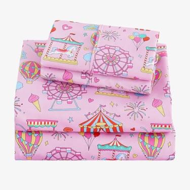 Imagem de Viviland Jogo de lençol solteiro de 3 peças para meninas - lençol de cima e fronha de microfibra macia - Jogo de cama infantil com estampa de roda de arranha-céus - para crianças e crianças pequenas