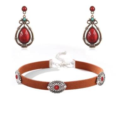 Imagem de QLUYCKW Conjunto de colar de brincos turquesa em forma de gota feito à mão para mulheres, boêmia, tribal, antigo, estilo étnico, brinco delicado com gota, pingente de gota, joia ocidental, Medium