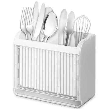 Imagem de Suporte de utensílios, suporte de secagem de utensílios de cozinha com bandeja de drenagem, cesta de escorredor de parede, talheres, talheres, garfos, colheres, organizador de pauzinhos - branco