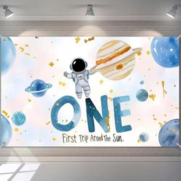 Imagem de BlissYard First Trip Around The Sun Pano de fundo astronauta planetas ONE 71 x 43 polegadas Banner de fundo para decoração de festa de 1º aniversário, evento temático espacial, decoração de casa
