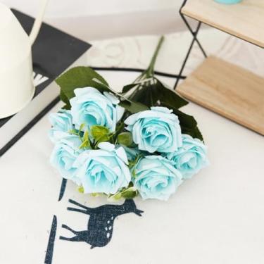Imagem de Buquê de rosas de outono, guirlanda de flores artificiais para casamento, decoração de Natal para casa, vaso de flores artificiais para sala de estar, acessórios para festa e jardim (azul)