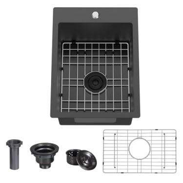 Imagem de Pia de cozinha de tigela única cinza escuro com grade inferior protetora pequena para uso externo Rv pia de aço inoxidável para cozinha (38 x 43 x 23 cm)