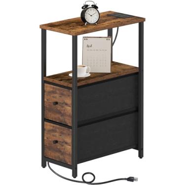 Imagem de TUTOTAK Mesa de canto pequena e estreita com estação de carregamento, mesa lateral com tomadas, mesa de cabeceira com 2 gavetas de pano, mesa de sofá, para sala de estar, quarto, cabeceira, marrom