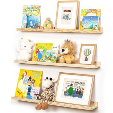 Imagem de Prateleira de borda para parede, 91,4 cm de madeira de pinheiro maciça, 3 pacotes, prateleiras flutuantes para quarto de crianças, quarto, banheiro, sala de estar, porta-fotos, escritório, berçário