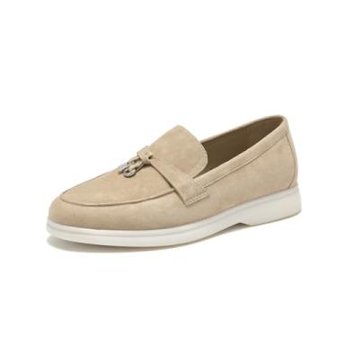Imagem de BEAU TODAY Mocassins de camurça para mulheres, mocassins femininos sem cadarço, couro para dirigir, vestido confortável, mocassim feminino, casual, escritório, trabalho, Bege, 40