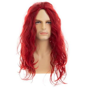 Imagem de Baruisi Peruca longa encaracolada vermelha ondulada masculina sintética natural festa Halloween cosplay peruca de cabelo