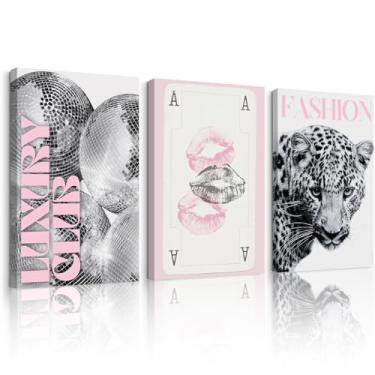 Imagem de Arte de parede moderna leopardo rosa guepardo tela preta branca decoração de parede moda pôsteres estéticos bola de discoteca imagens elegantes de clube de luxo para dormitório feminino quarto 30 x 40